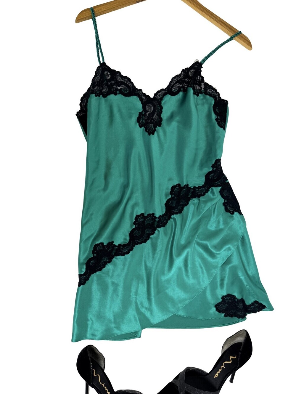 Vintage Victoria's Secret Green Satin Lace Slip Dress Y2K Size Medium